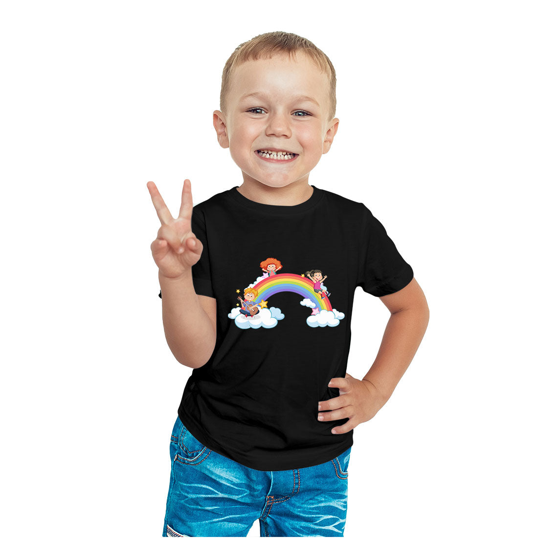 Rainbow Design Printed Black T-shirt For Kids /Boy