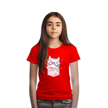 Playful Cat in Pocket Kids T-Shirt - Super Soft Cotton for Everyday Fun (D143)