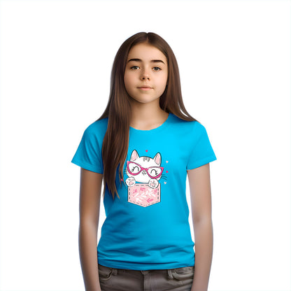 Playful Cat in Pocket Kids T-Shirt - Super Soft Cotton for Everyday Fun (D143)