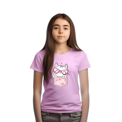 Playful Cat in Pocket Kids T-Shirt - Super Soft Cotton for Everyday Fun (D143)