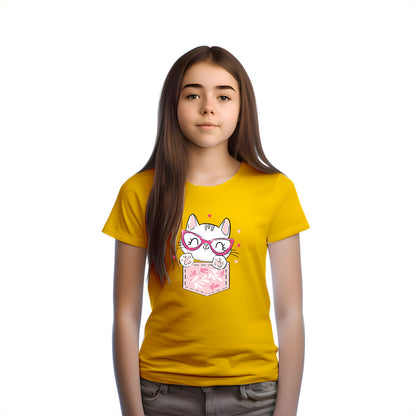 Playful Cat in Pocket Kids T-Shirt - Super Soft Cotton for Everyday Fun (D143)