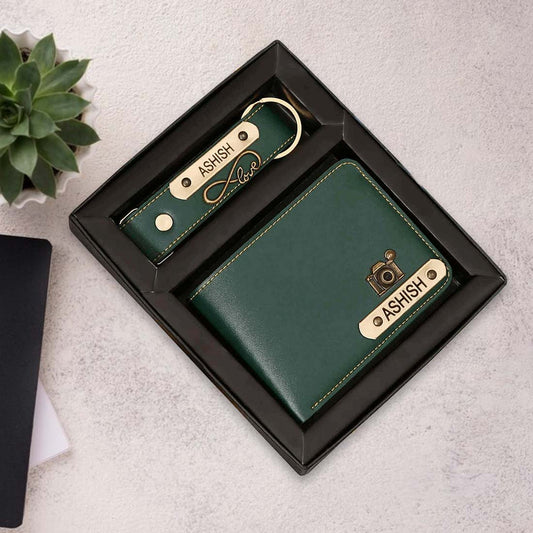 Men's Wallet and Keychain Indian Faux Leather Combo - Green
